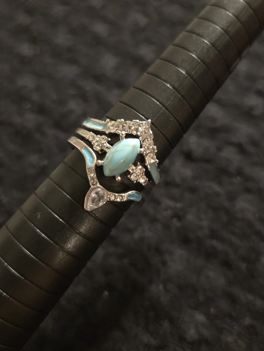 Western Style Faux Turquoise and Rhinestone Ring Set Silver Tone Costum
